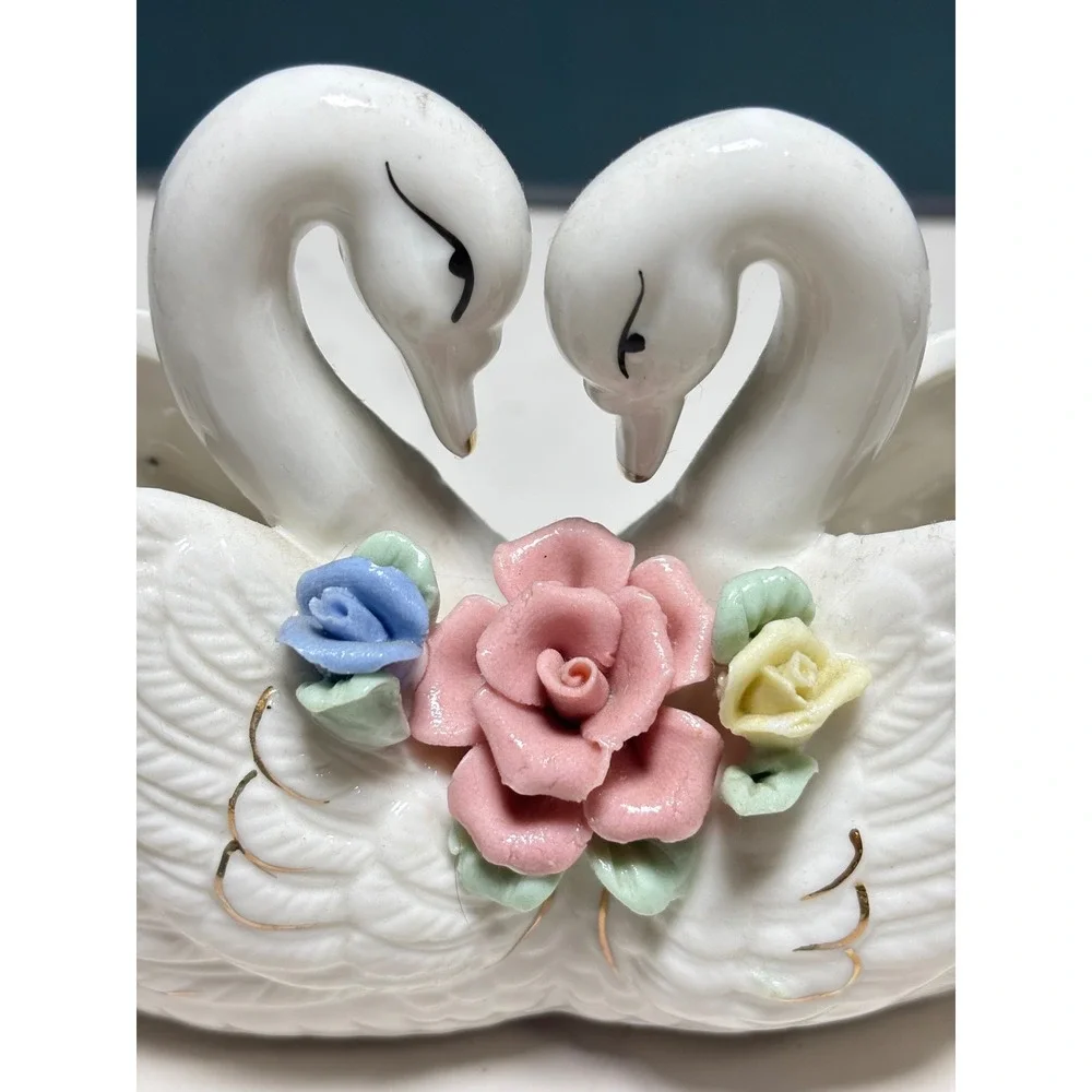 Vintage Porcelain Double Swan Planter Trinket Ring Dish Applied Roses White